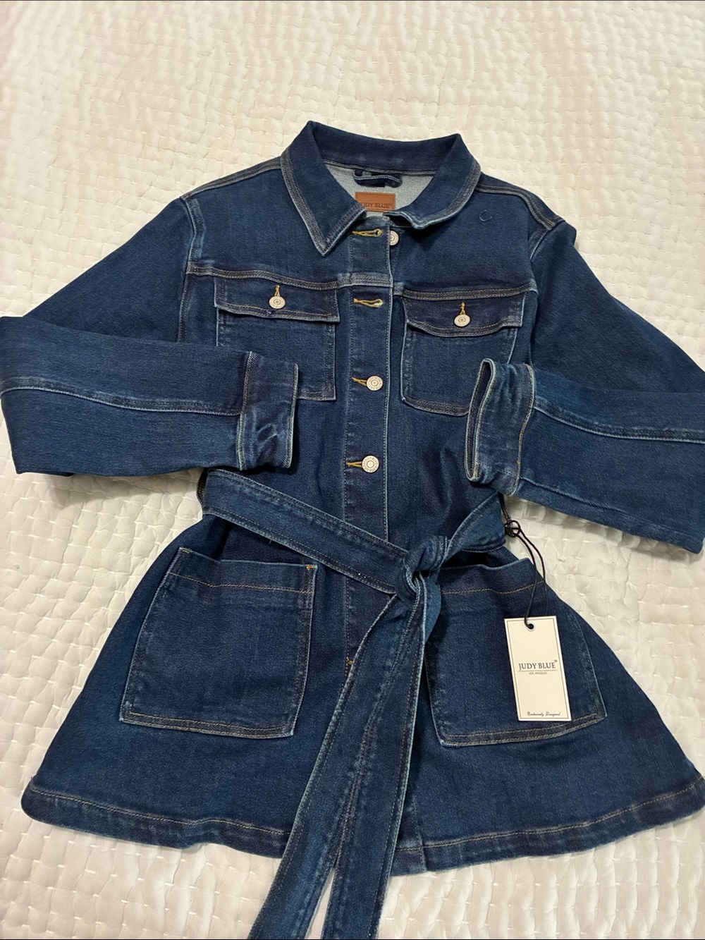 Judy Blue Dark Blue Denim Jean Jacket with Self-Tie Belt Size M NWT